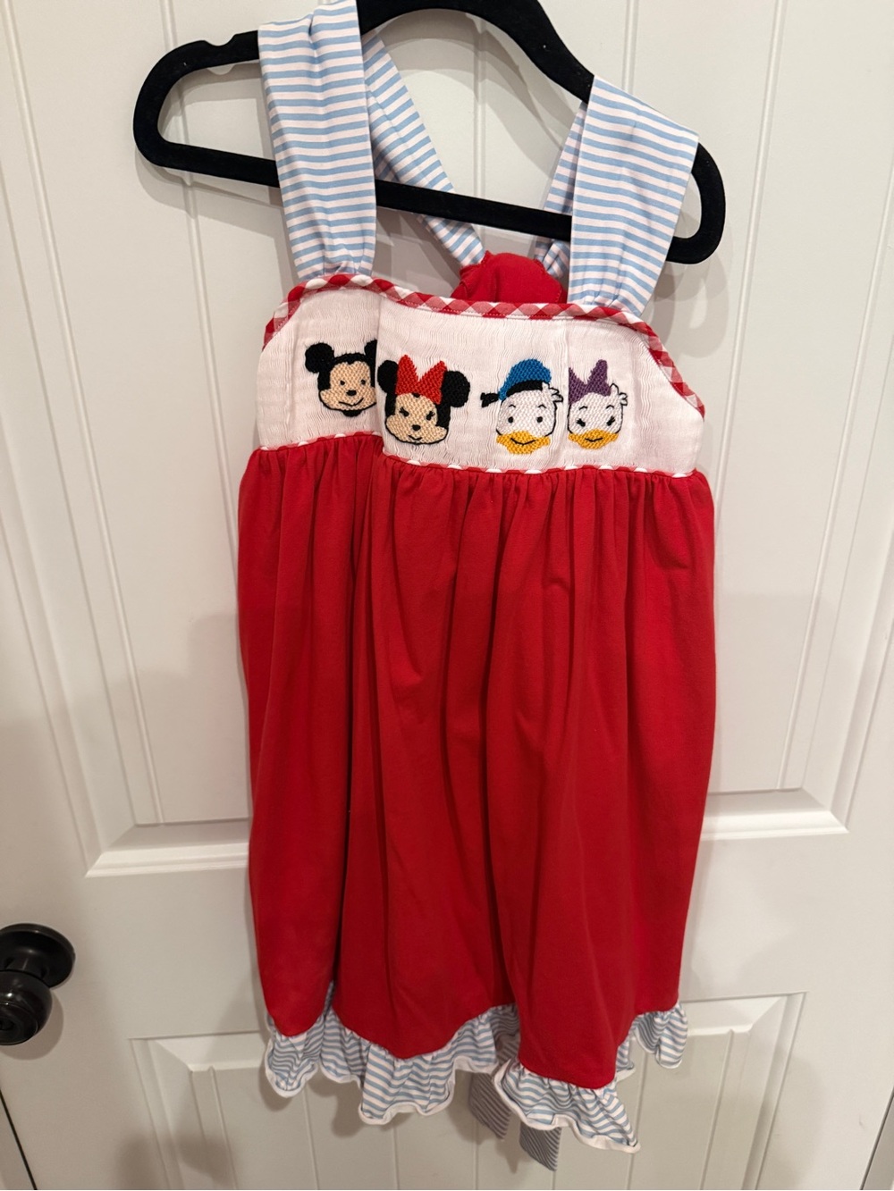 Girls Red Character Smocked Sundress with Blue Striped Straps